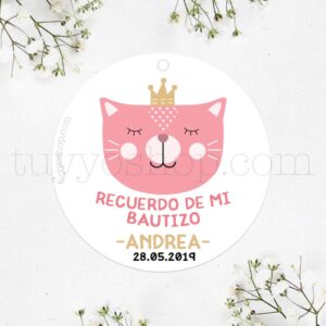 Etiquetas de bautizo. Modelo Cat Princess. Personalizable.