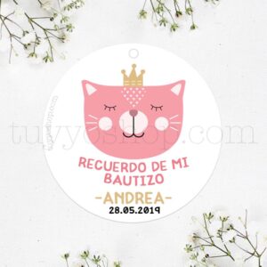 Etiquetas de bautizo. Modelo Cat Princess. Personalizable.