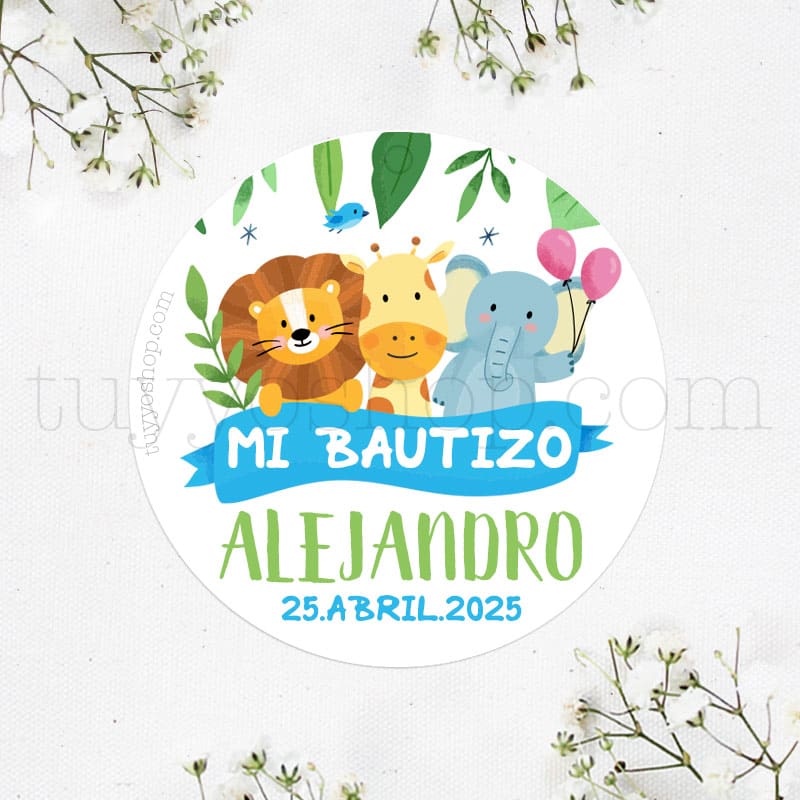 Etiqueta bautizo, modelo Selva. Personalizadas.