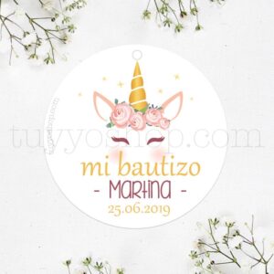 Etiquetas de bautizo. Modelo Glitter Unicornio. Personalizable.