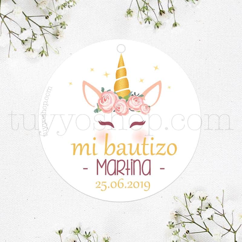 Etiquetas de bautizo. Glitter Unicornio. Personalizable.