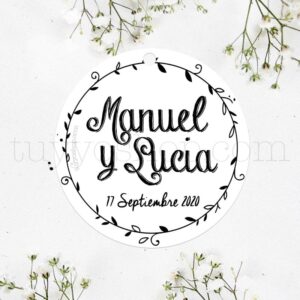 Etiqueta personalizada para boda. Modelo bright. Complementos de boda.