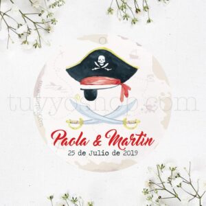 Etiqueta para detalle de boda. Modelo Pirata