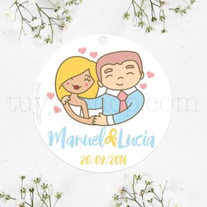 Etiqueta para boda con un diseño de una pareja que realmente se quiere.