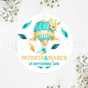 Etiqueta de boda modelo globo y flores