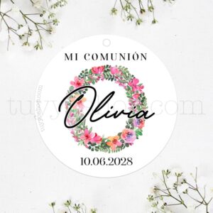 Etiqueta para detalles de comunión, modelo Inicial Floral