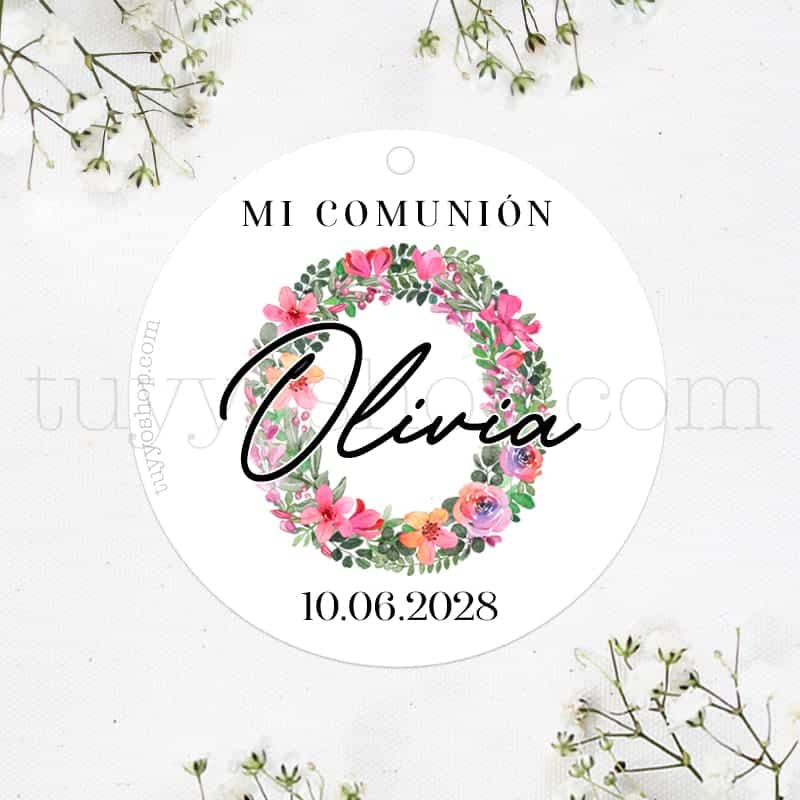 Etiqueta para detalles de comunión, modelo Inicial Floral