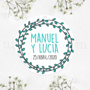 Etiqueta para boda modelo olivitos que puedes personalizar con nombre y fecha.