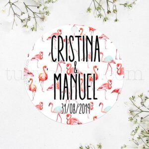 Etiqueta para boda con un bonito diseño de flamencos. Las puedes personalizar con tu nombre y fecha.