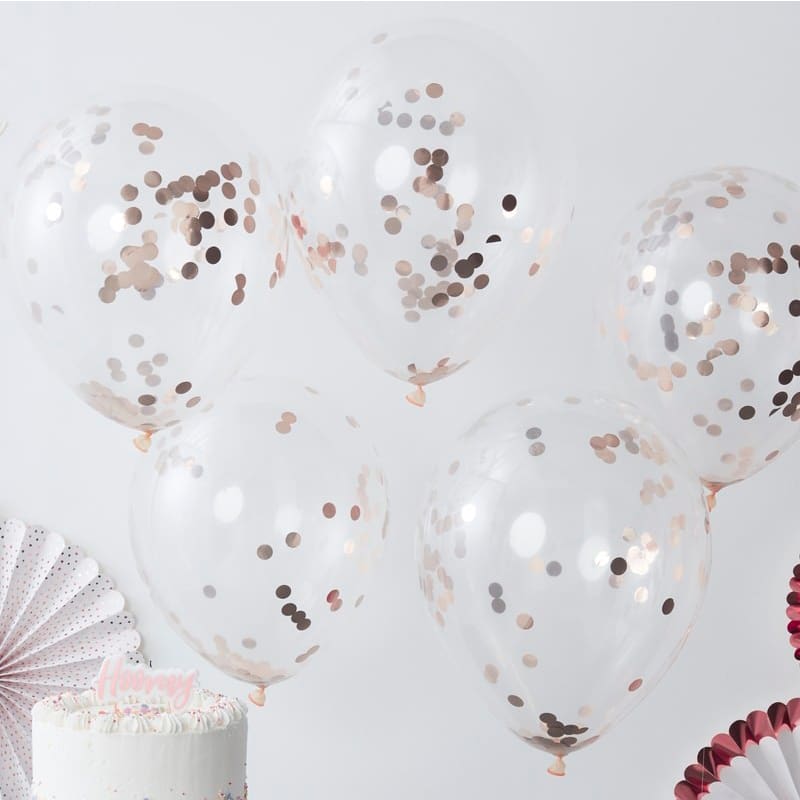 Pack de 5 globos con confeti rosa dorado en su interior. globos para boda color dorado y rosa