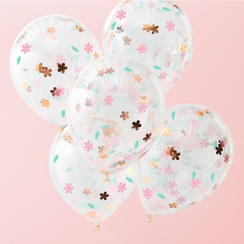 Pack de 5 globos con confeti floral en su interior. globos para boda con confeti