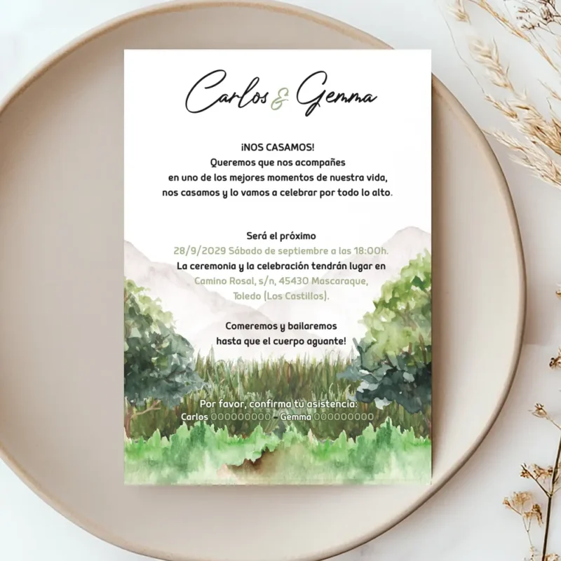Invitación para boda parte trasera, acuarela forest