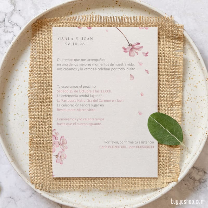Invitación para boda. Modelo Sakura. En papel de algodón reciclado invitacion boda economica modelo sakura