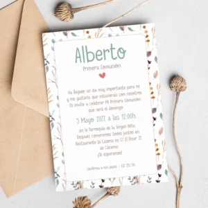 Invitación de Primera Comunión estilo rústico con borde estampado de ramas y hojas en tonos otoño, nombre Alberto.