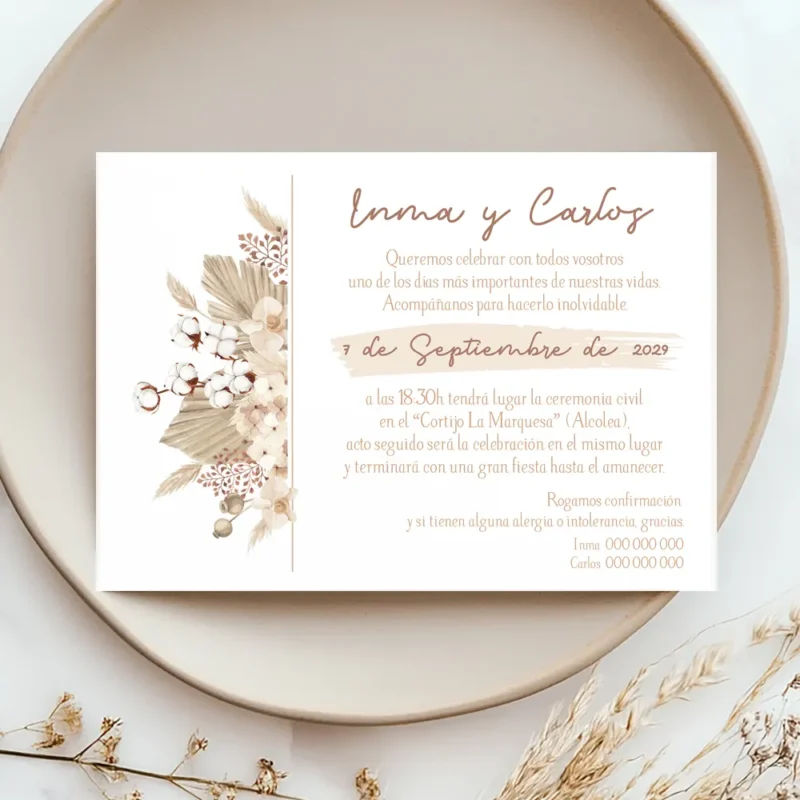 Reverso de invitación de boda modelo Cotton