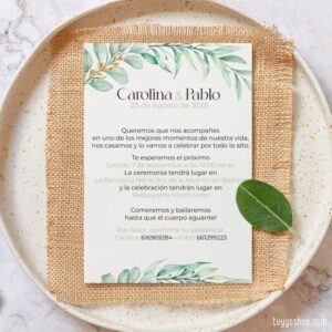 Invitación para boda. Modelo Laguna. En papel de algodón reciclado invitacion economica boda laguna