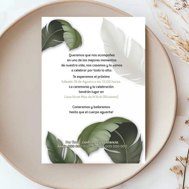 Reverso para la invitación de boda modelo Hoja.