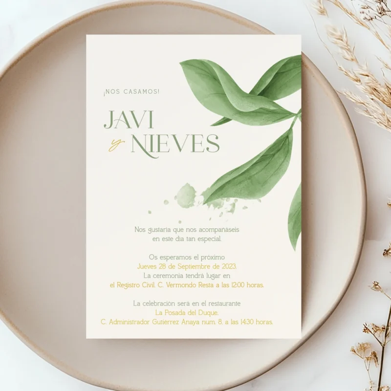 Reverso de la invitación de boda personalizada, modelo MINT