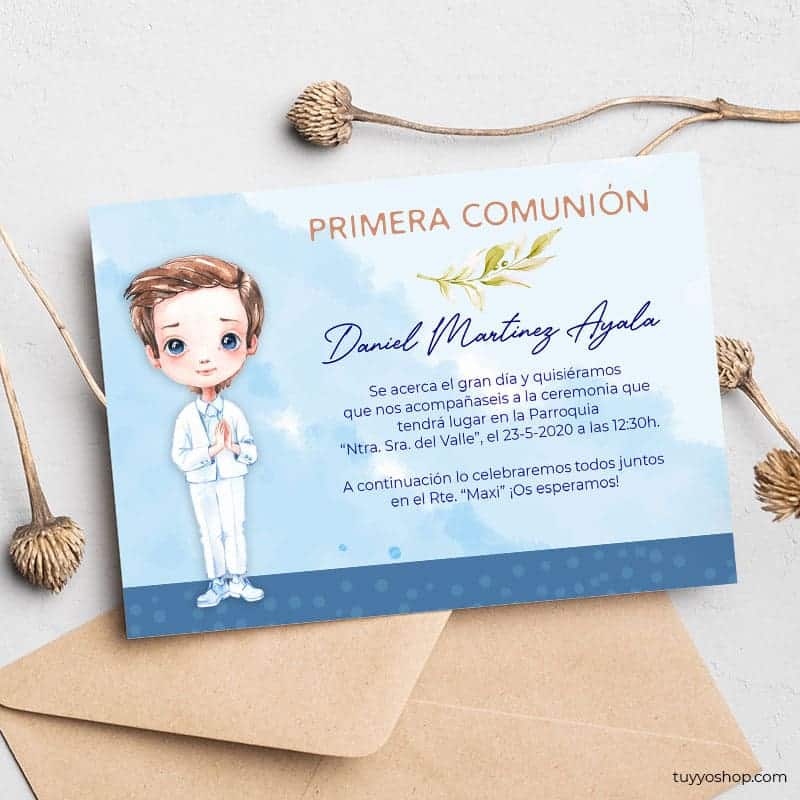 Invitación para comunión, modelo Alejandro. En papel de algodón reciclado.