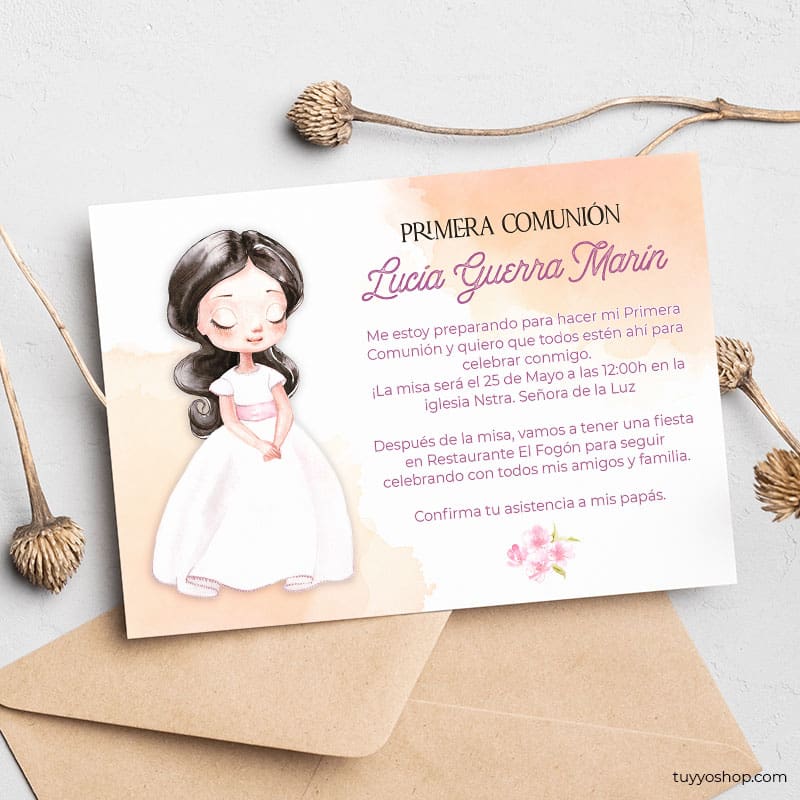 Invitación para comunión, modelo Lucía. En papel de algodón reciclado. invitacion para comunion modelo lucia