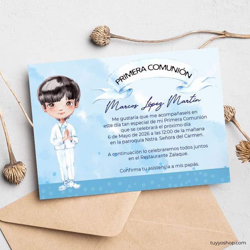 Invitación para comunión, Marcos. En de algodón reciclado.