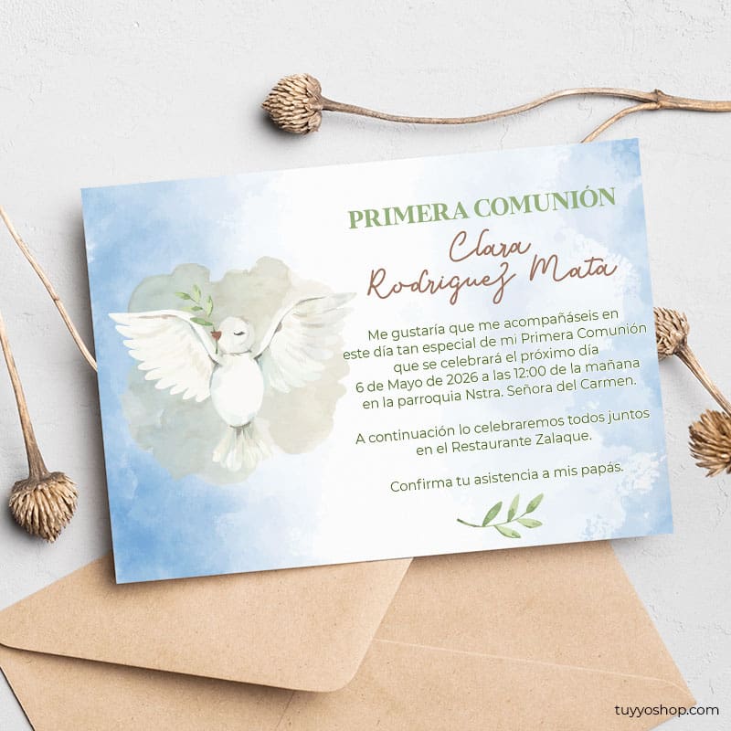 Invitación para comunión, modelo Paloma. En papel de algodón reciclado. invitacion para comunion modelo paloma