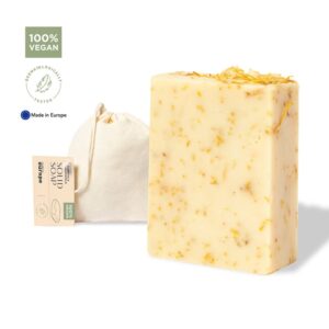 Jabón vegano caléndula y manzanilla. 100gr. En bolsa de algodón. jabon solido para boda en bolsa3