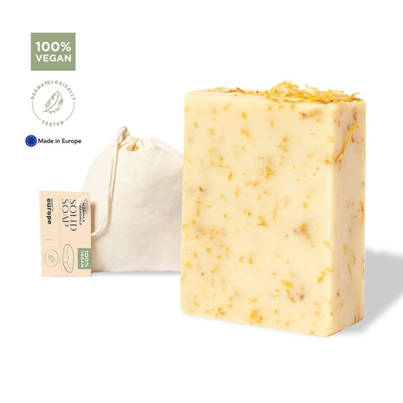 Jabón vegano caléndula y manzanilla. 100gr. En bolsa de algodón. jabon solido para boda en bolsa3