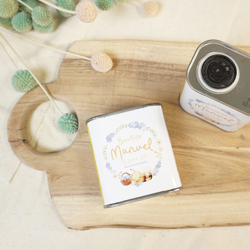 Lata de Aceite personalizada para bautizo 100ml Abeja