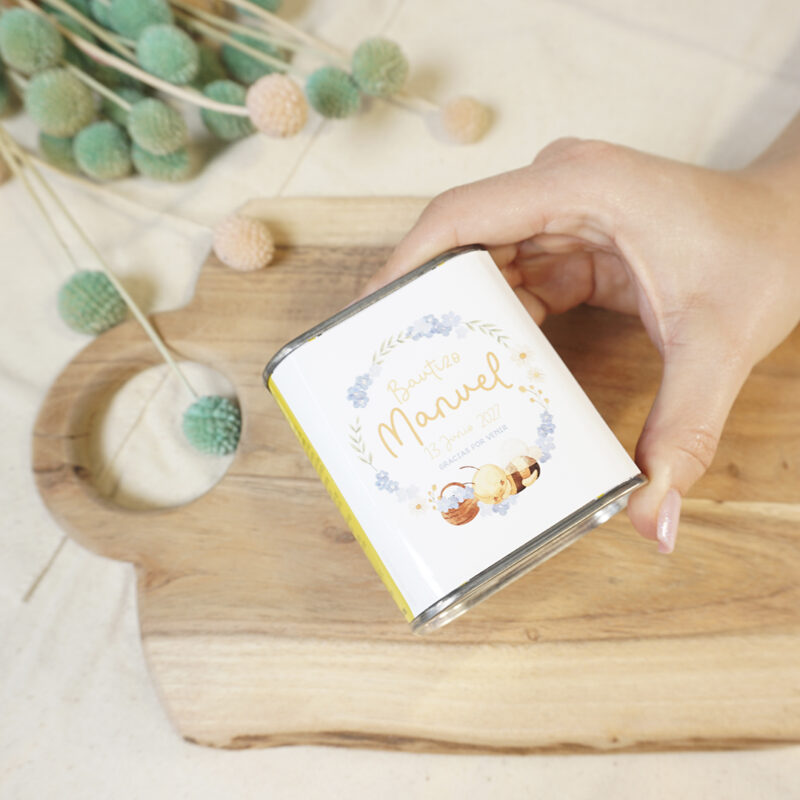 Lata de Aceite personalizada para bautizo 100ml Abeja