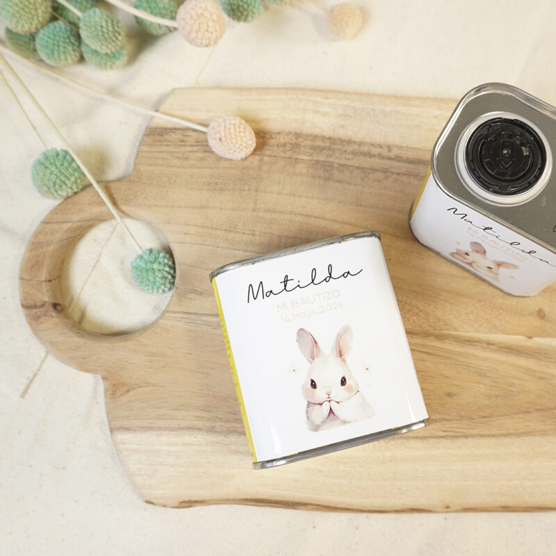 Lata de Aceite personalizada para bautizo 100ml Conejito