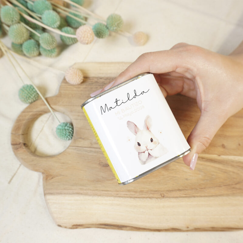 Lata de Aceite personalizada para bautizo 100ml Conejito