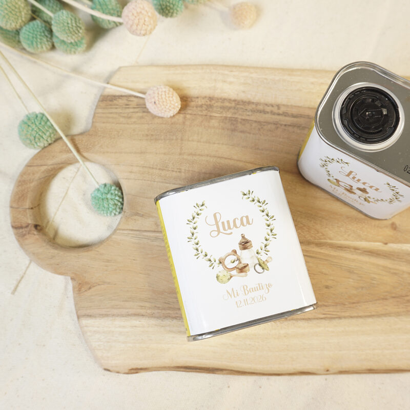 Lata de Aceite personalizada para bautizo 100ml Guirnalda