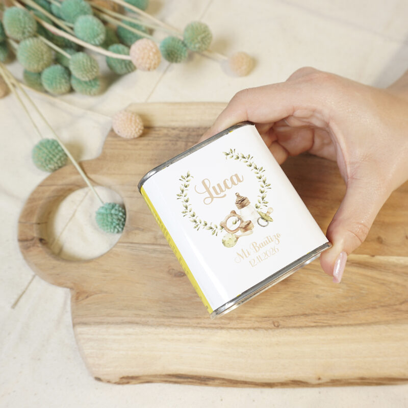 Lata de Aceite personalizada para bautizo 100ml Guirnalda