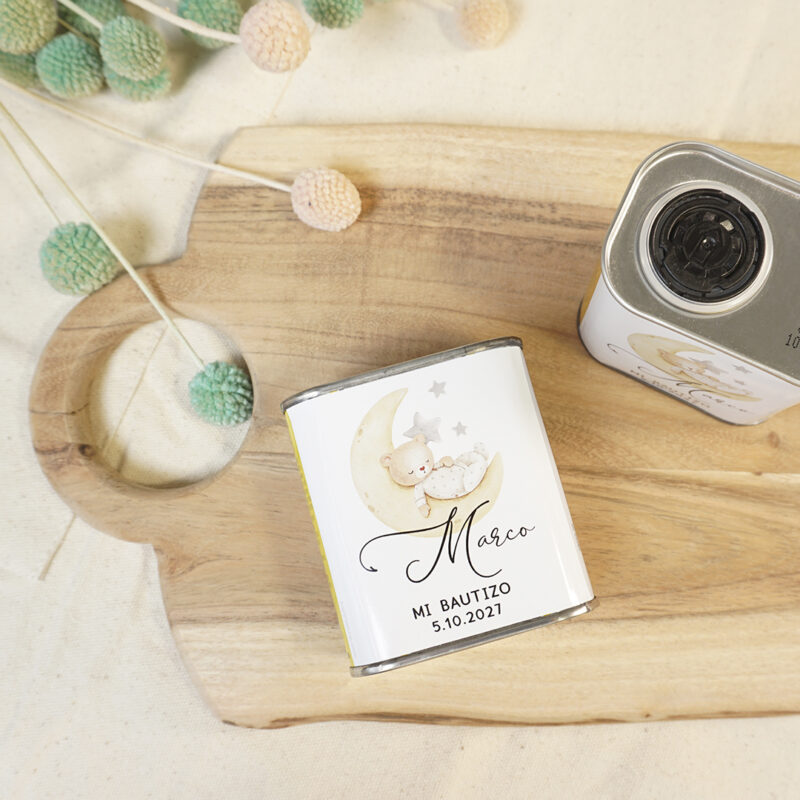 Lata de Aceite personalizada para bautizo 100ml Oso y luna