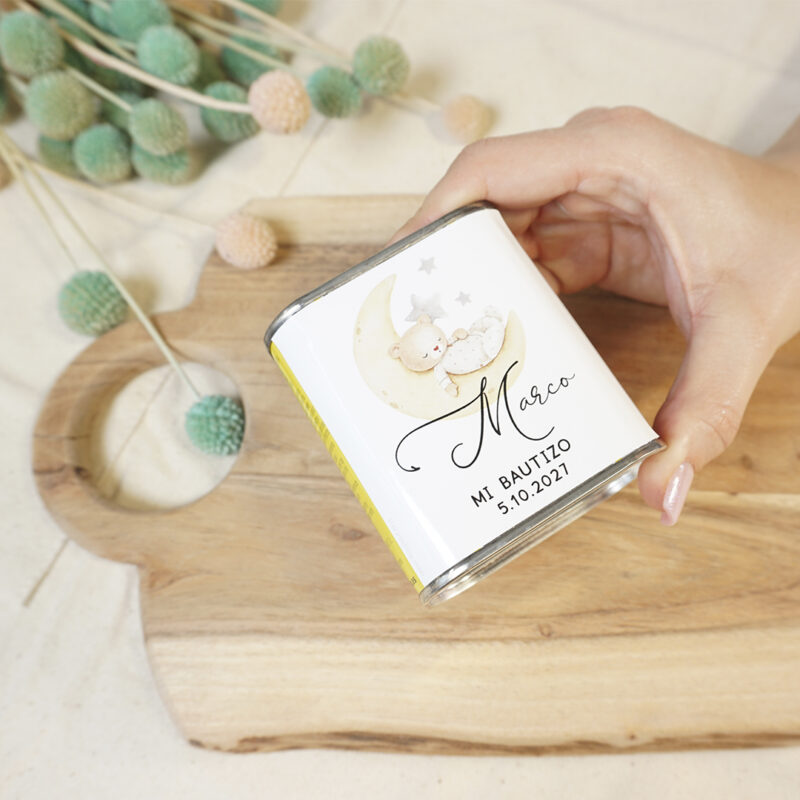 Lata de Aceite personalizada para bautizo 100ml Oso y luna