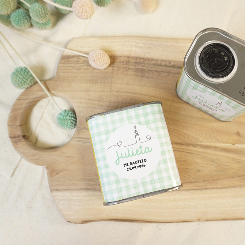 Lata de Aceite personalizada para bautizo 100ml Vichy Verde