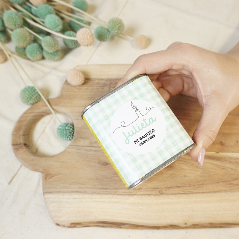 Lata de Aceite personalizada para bautizo 100ml Vichy Verde