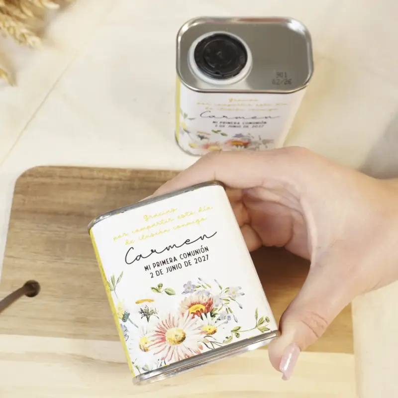 Lata de Aceite personalizada para comunión 100ml Primavera