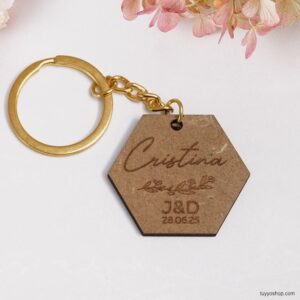 Exclusivo llavero marcasitios de madera personalizado, hexagonal