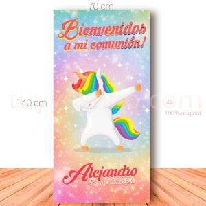 Cartel de bienvenida para comunión. 70x140cm. Modelo Dab Unicornio