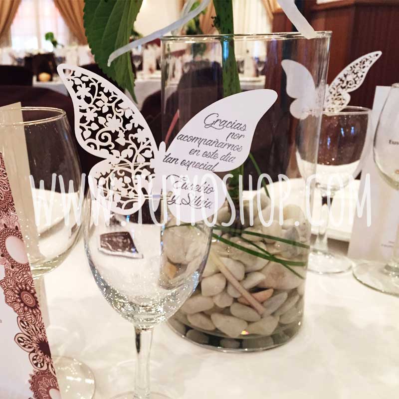 Weddecor 50 tarjetas de papel para copa de vino de corte preciso con diseño de mariposa blanca para fiestas de cumpleaños eventos de boda 