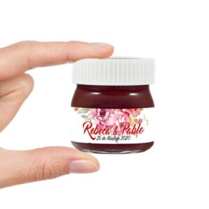 Nutella mini para boda. Personalizada con nombre y fecha. Modelo floral.