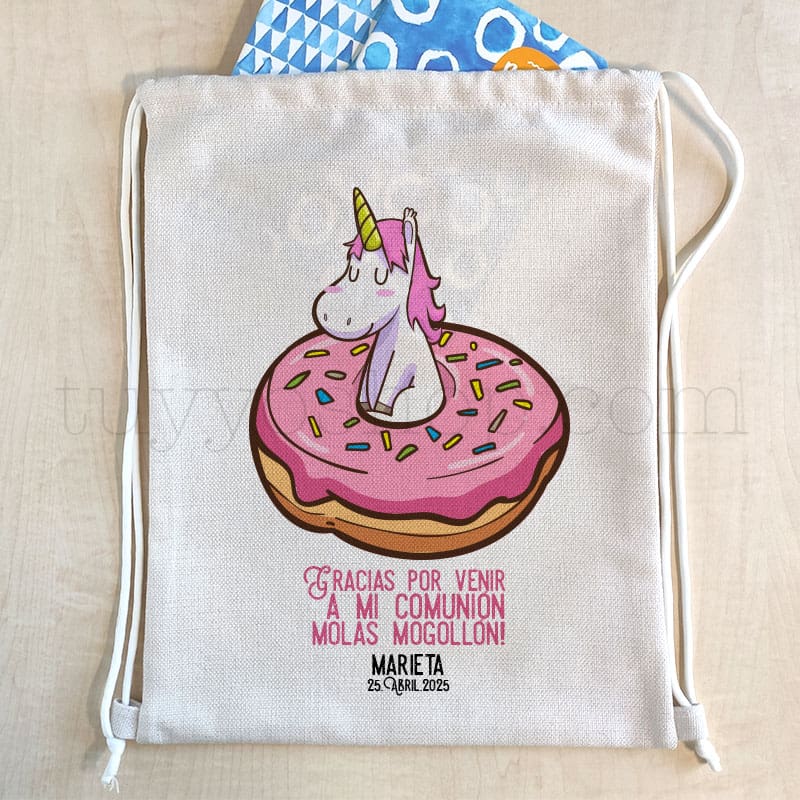 Mochila de cuerdas personalizada para comunión, modelo unicornio donut mochila cuerdas comunion personalizada unicornio donut