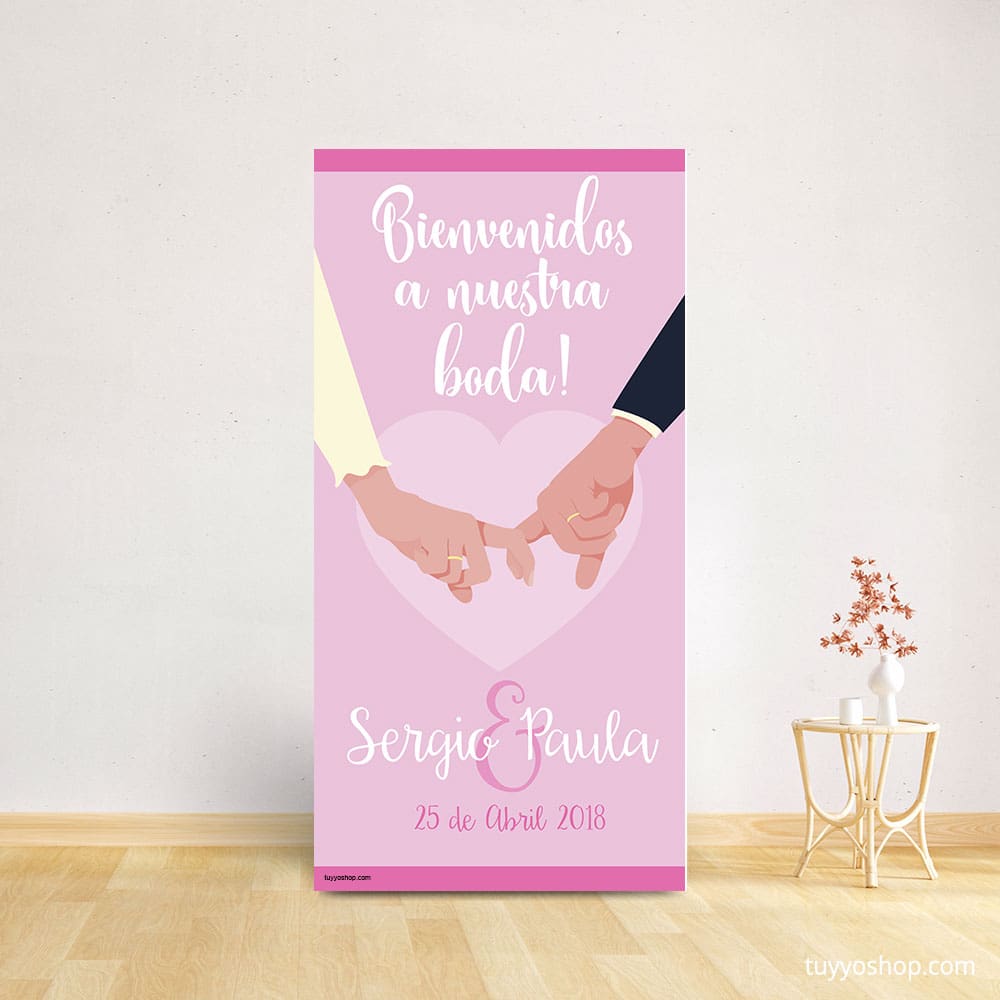 Cartel bienvenida boda. Modelo Dedos entrelazados. 70x140cm. Personalizable.