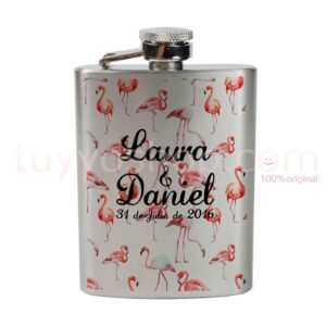 Petaca para boda, personalizada. Diseño Flamencos. 4oz