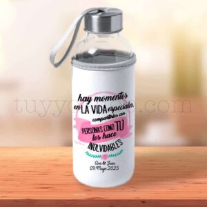 Botella H2O de cristal reutilizable, personalizada, modelo hay momentos