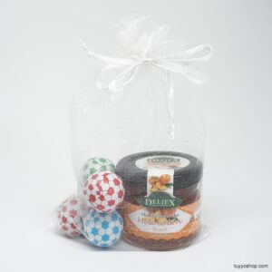 Pack de Mermelada, 5 balones de chocolate y bolsa de organza