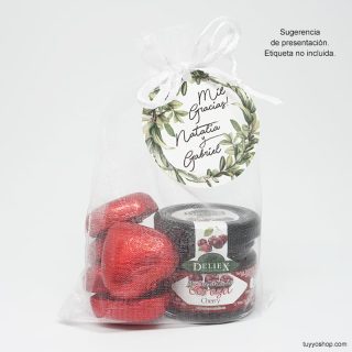 Pack de Mermelada, 5 corazones de chocolate y bolsa de organza