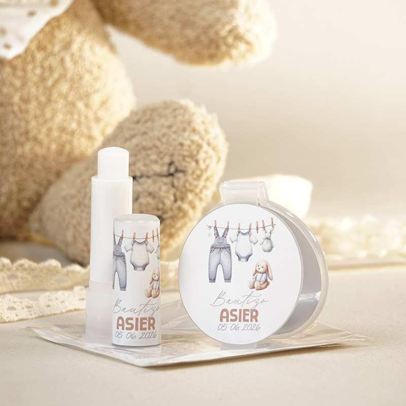 pack espejo y bálsamo personalizado para bautizo diseño bebé celeste